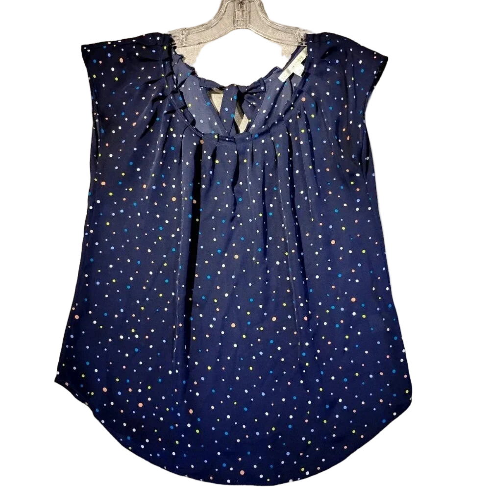 LC Lauren Conrad Navy & Polka Dot Sleeveless Pleated Neckline Blouse Size Medium
